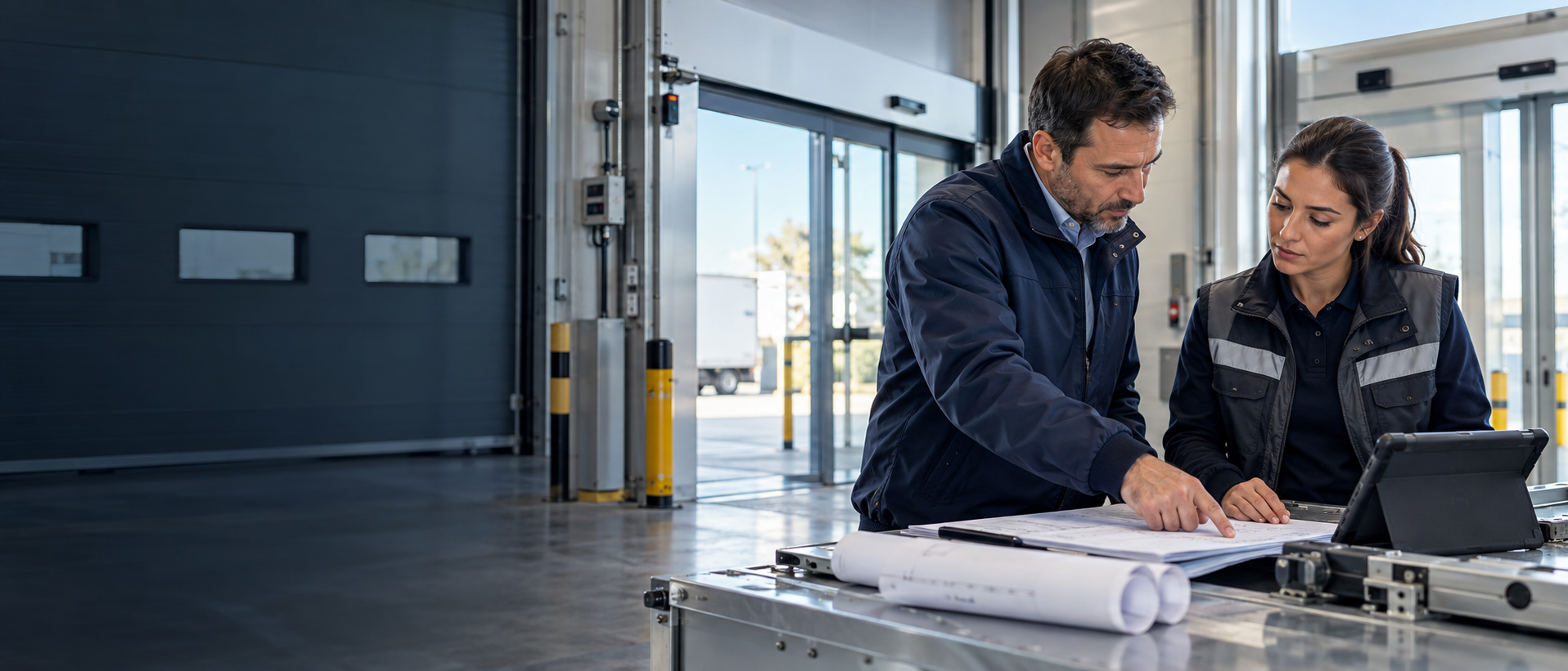Consultora y técnico revisando documentación de seguridad de una puerta automática